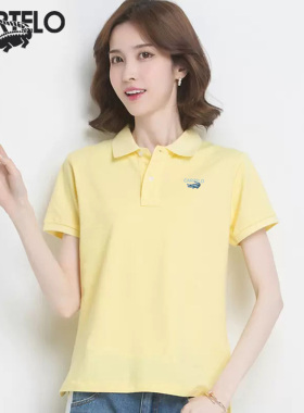 卡帝乐鳄鱼POLO衫短袖t恤女夏季纯棉宽松薄款运动V领休闲上衣女装
