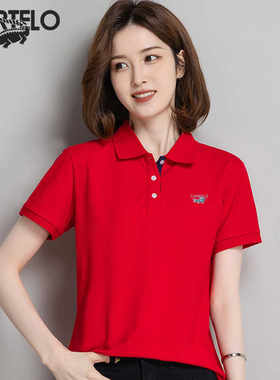 卡帝乐鳄鱼短袖POLO衫女V领宽松夏季纯棉翻领女装运动休闲百搭潮
