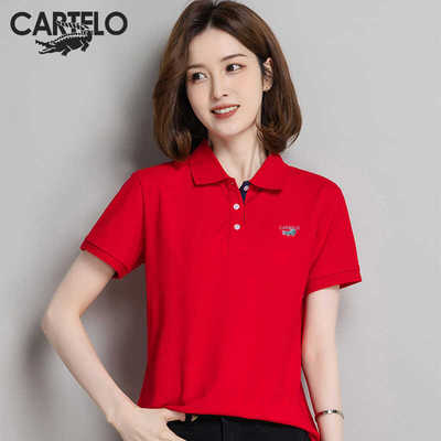 卡帝乐鳄鱼短袖POLO衫女V领宽松夏季纯棉翻领女装运动休闲百搭潮