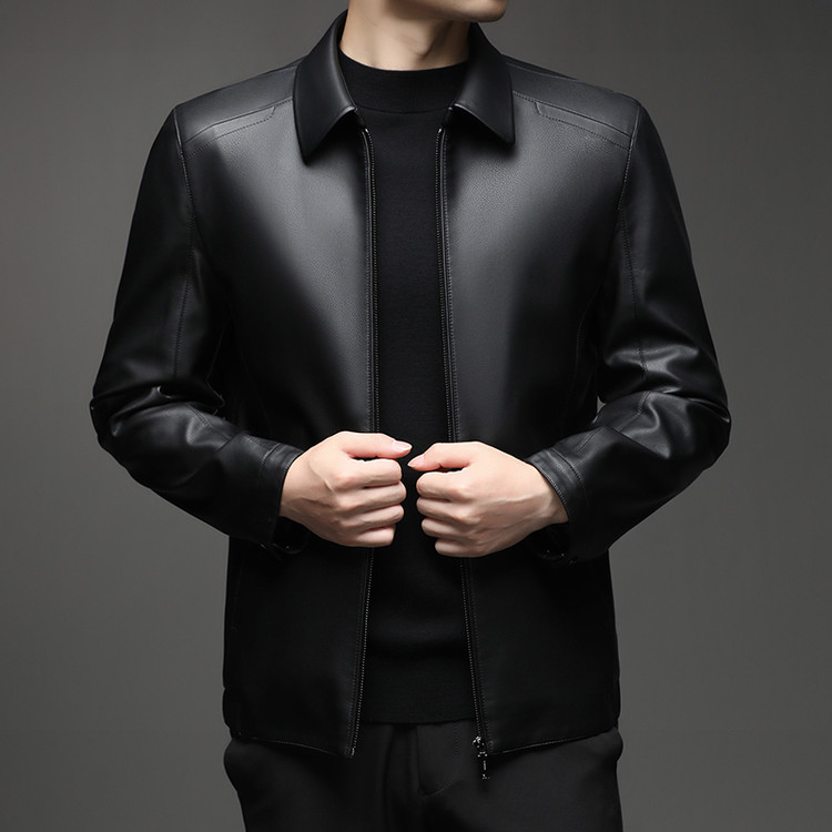 皮衣羽绒服男翻领短款帅气修身气质保暖加绒中年外套皮夹克