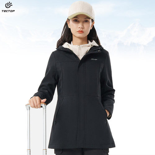 TECTOP探拓户外秋冬季中长款软壳衣女士防风加绒保暖登山休闲外套