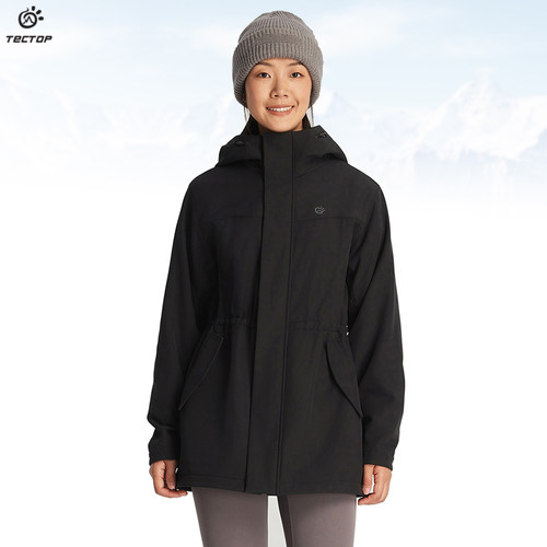 探拓户外秋冬季加绒保暖中长款软壳衣女士款防风防水登山徒步外套