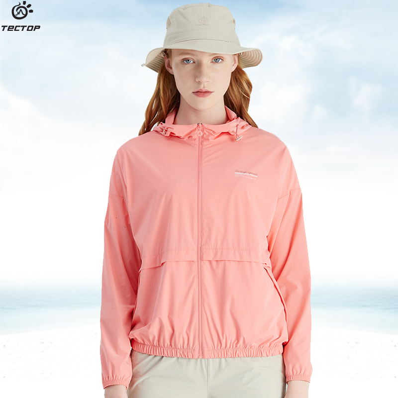 TECTOP探拓户外夏季女士款连帽弹力皮肤衣薄款透气防紫外线防晒衣