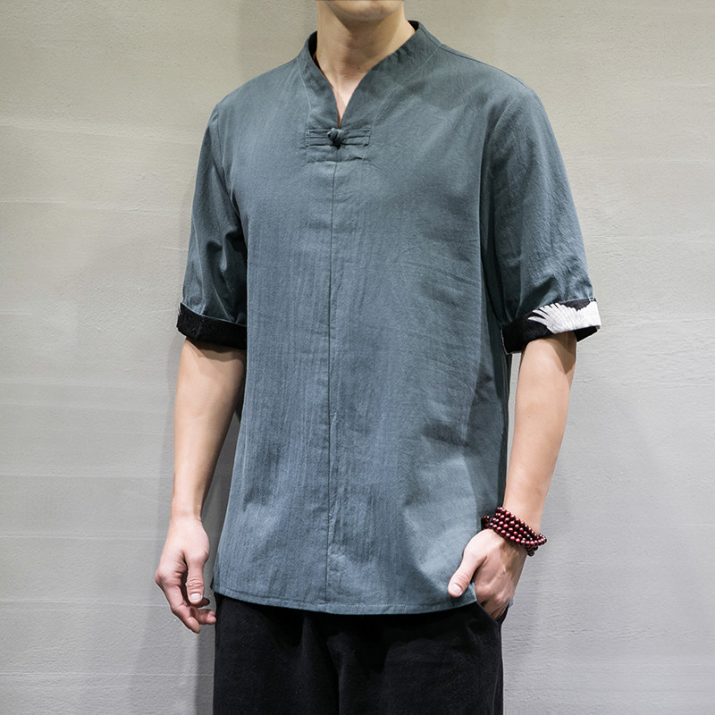 夏季风男装盘扣短袖男T恤民族风棉上衣6008-1/T061/,男装T恤,电商A008