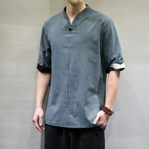 夏季风男装盘扣短袖男T恤民族风棉上衣6008-1/T061/图片