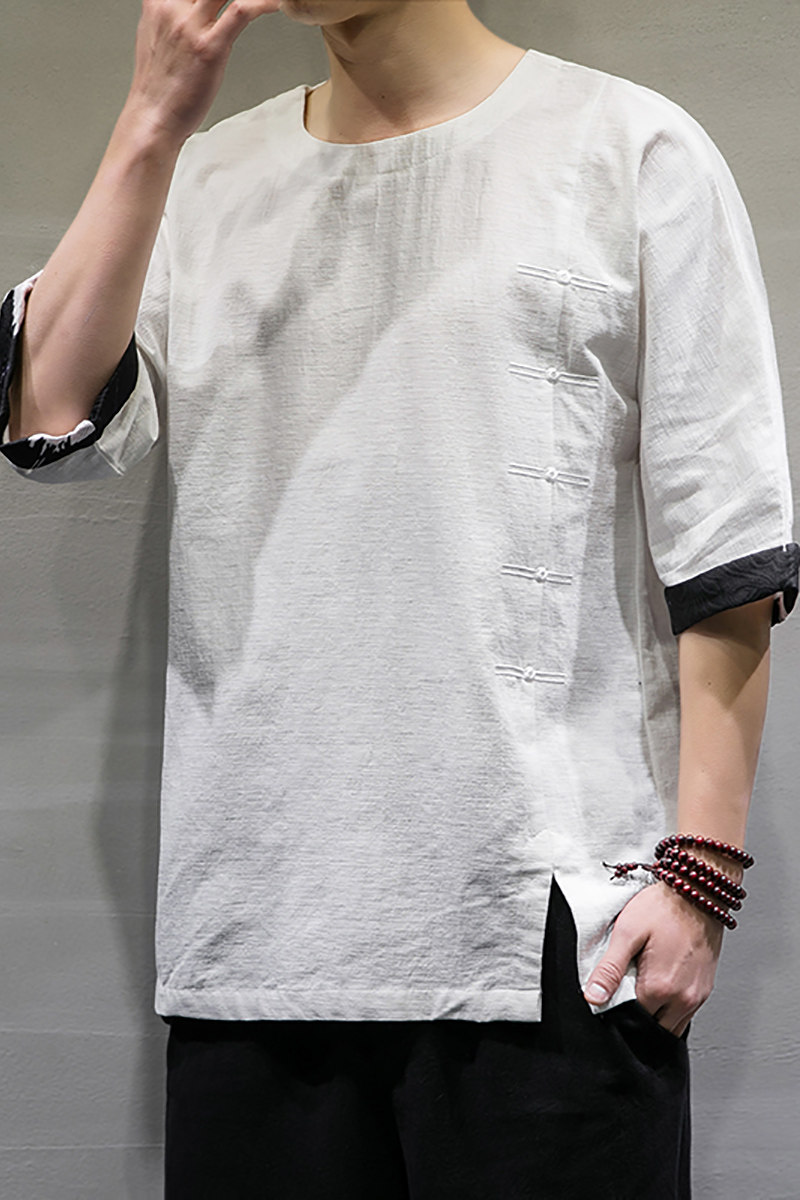 2021春夏新款风棉麻短袖男装宽松大码七分袖6008-1-T063/,男装T恤,电商A008