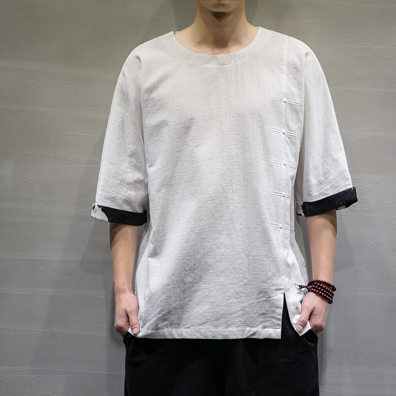 2021春夏新款风棉麻短袖男装宽松大码七分袖6008-1-T063/，男装T恤，电商A008