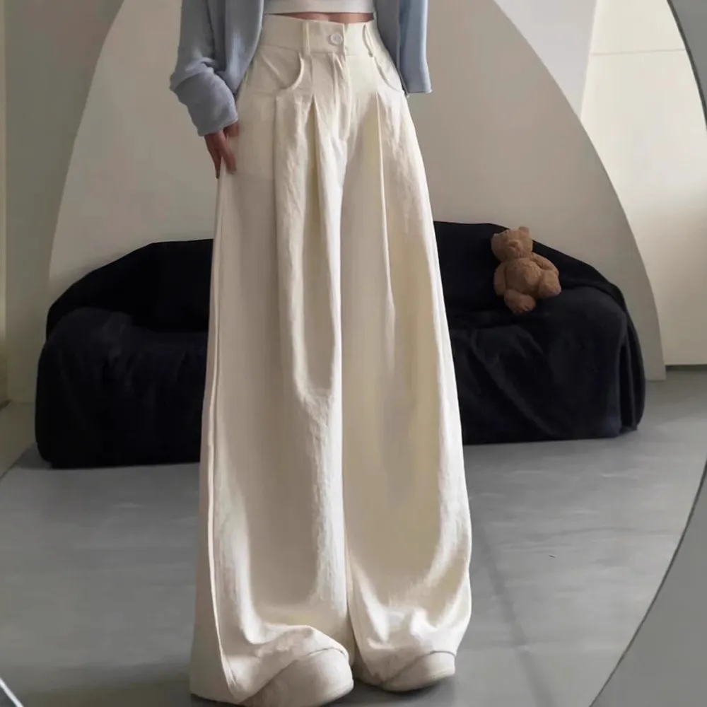 【婵兰】白色阔腿裤女夏2025新款高腰垂感宽松直筒裤松弛感西装裤