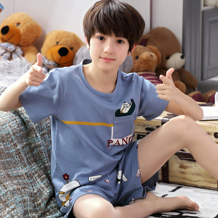 红豆夏季青少年男孩睡衣短袖纯棉胖大童12-13-15岁初中学生家居服