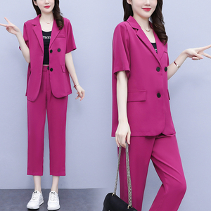 RM11419#夏季新款大码女装胖MM时尚宽松显瘦休闲西服两件套套装