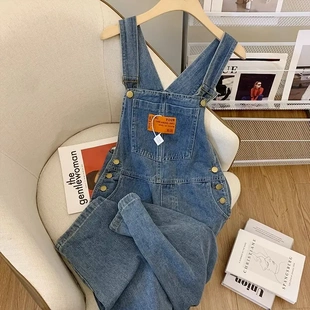 韩系复古牛仔背带裤女春秋盐系设计感小众高腰直筒宽松阔腿连体裤