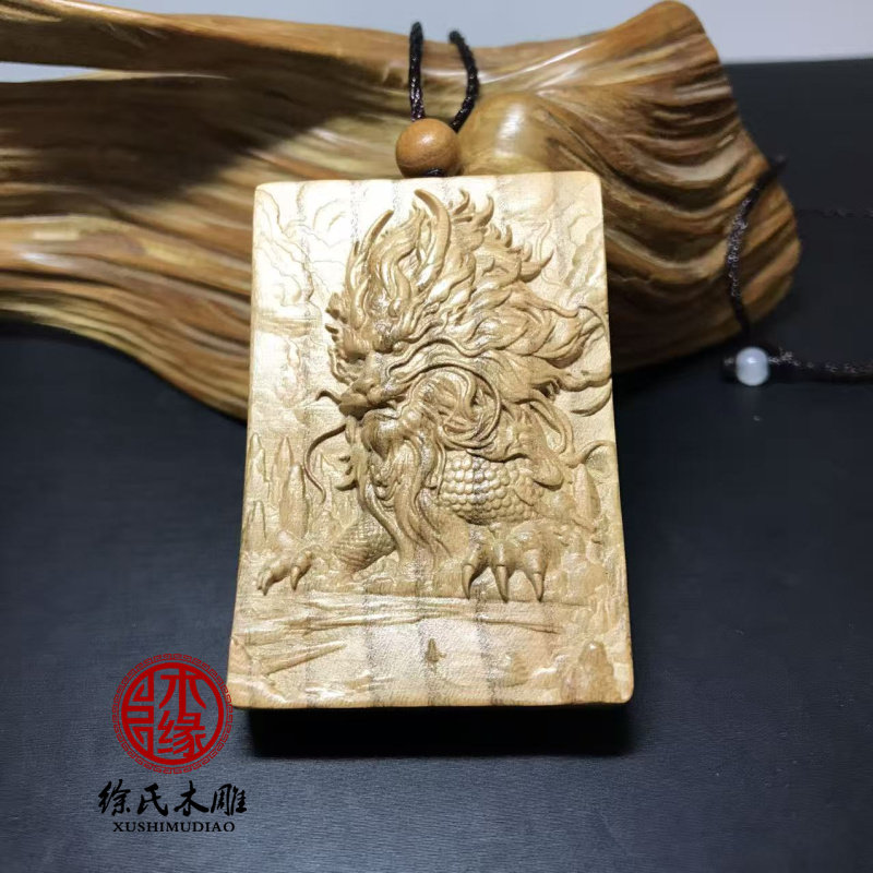 桃木木雕麒麟神兽牌子 麒麟献瑞项链吊坠挂件饰品徐氏木雕
