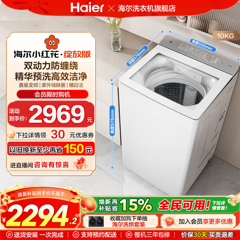 海尔小红花波轮双动力精华洗10kg大容量家用全自动洗衣机73M