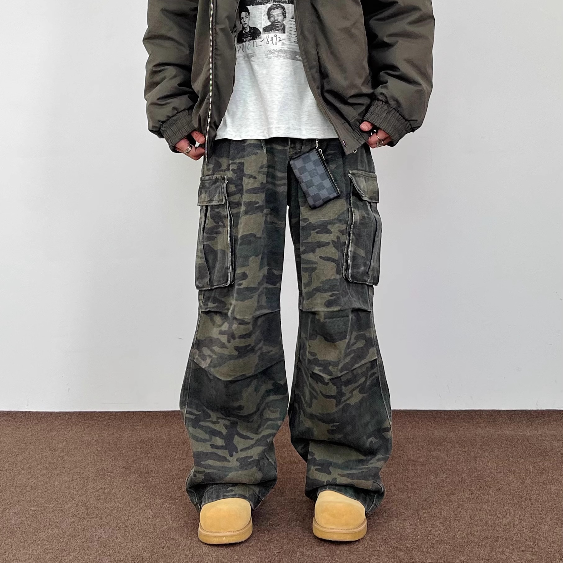 高级感SWAG复古迷彩阔腿工装裤男