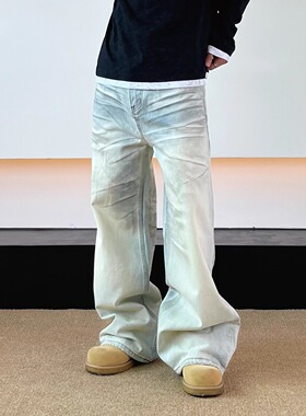 SWAG奶油脏染水洗压褶猫须牛仔裤废土风宽松直筒微喇cleanfit裤子
