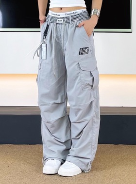 SWAG美式复古褶皱速干伞兵工装裤松紧腰头拼接宽松直筒休闲裤男女