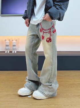 SWAG美式复古水洗做旧刺绣牛仔裤男女直筒宽松显瘦微喇叭vibe裤子