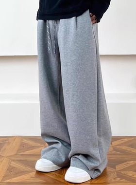 SWAG重磅通勤简约运动休闲裤男女松紧腰宽松阔腿垂感慵懒灰色卫裤