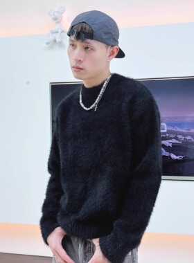 SWAG秋冬美式复古简约cleanfit高级短款仿貂毛圆领毛衣男潮针织衫