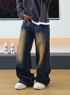SWAG黄泥废土风美拉德拖地老爹牛仔裤男款修身显瘦阔腿休闲裤子女