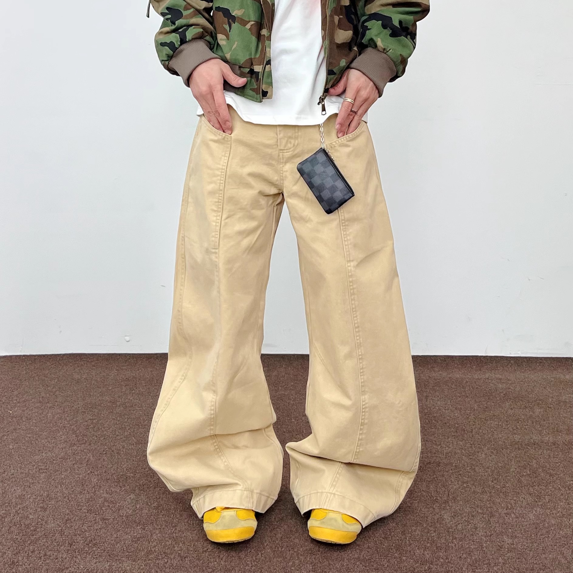 美式拼接解构设计感阔腿弯刀裤男