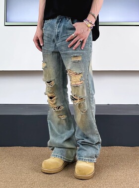 SWAG美式复古水洗做旧黄泥废土风破洞牛仔裤宽松小众高街直筒裤男