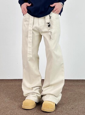 SWAG美式复古可调节腰带简约微喇牛仔裤男女直筒cleanfit休闲裤子