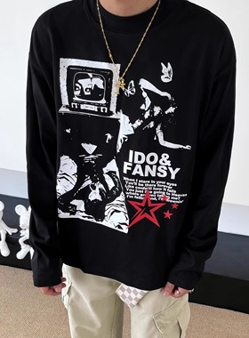 SWAG美式复古暗黑系亚比风纯棉长袖T恤男女秋季新款宽松休闲上衣