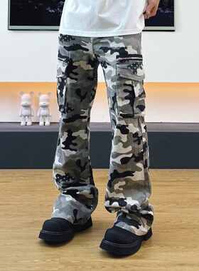 SWAG高街复古cargo机能迷彩工装裤男直筒微喇叭修身显瘦牛仔长裤