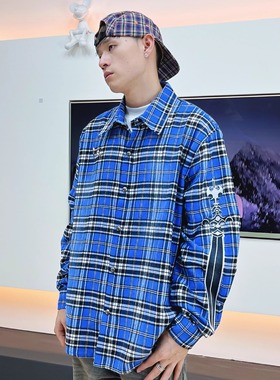 SWAG圣宝剑刺绣法兰绒蓝色TC格子衬衫纽扣磨白做旧宽松衬衣外套男