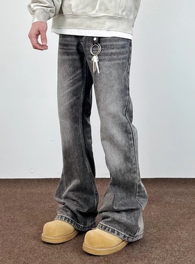 SWAG美式水洗猫须烟灰色显瘦cleanfit微喇牛仔裤高街修身直筒裤子