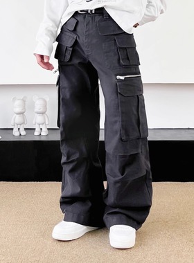 SWAG重工深灰色多口袋褶皱设计感工装裤男女宽松显瘦休闲阔腿裤子