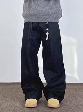 SWAG美式复古解构水洗做旧原牛黑色牛仔裤男女宽松垂感阔腿长裤子