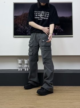 SWAG美式碳磨灰色水洗立体多口袋vibe工装裤cleanfit微喇直筒裤子