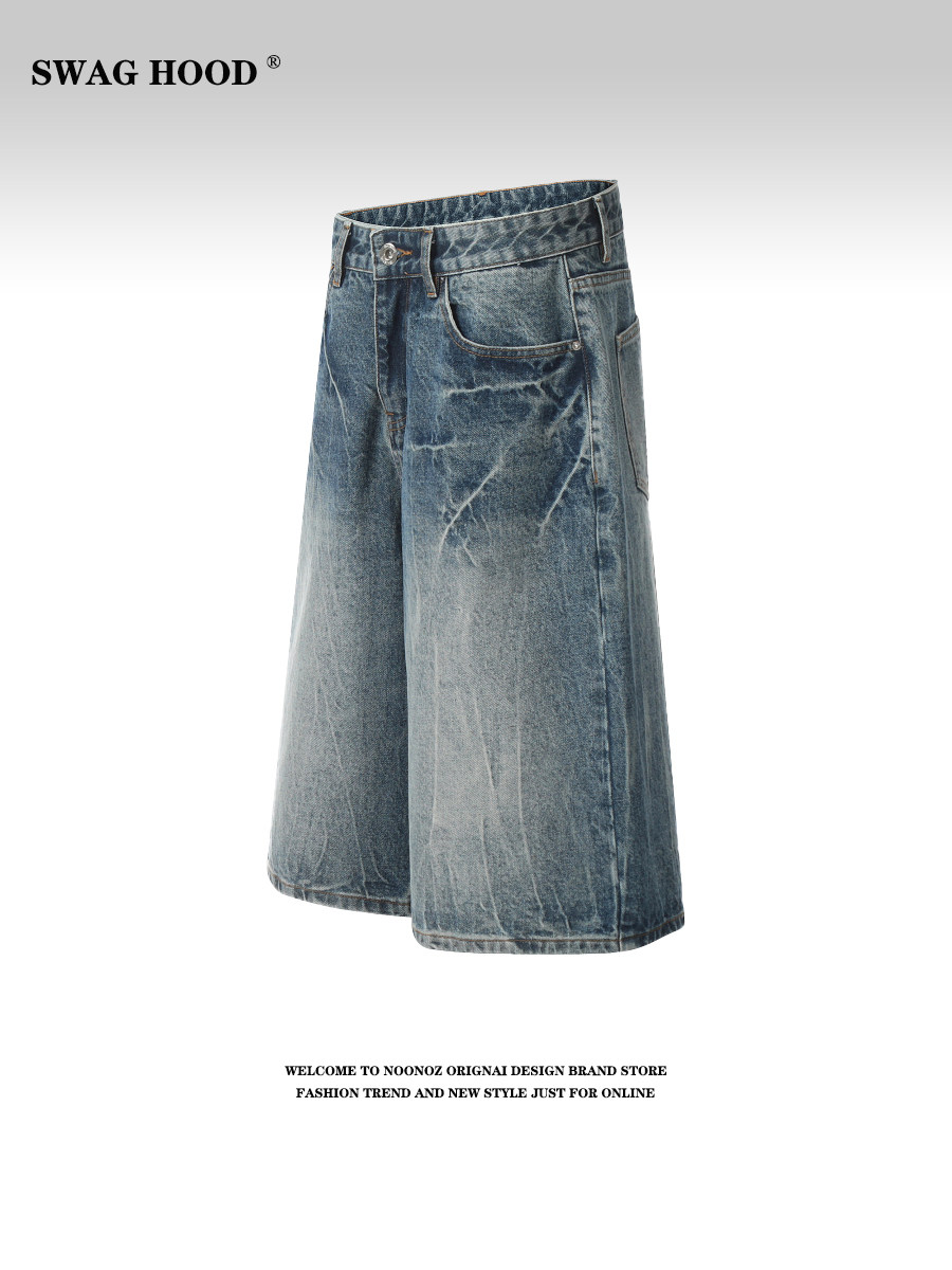 SWAG AMERICAN RETRO DISTRESSED HIGH STREET BLUE LIGHTNING PATTERN WASH DENIM SHORTS LOOSE AND VERSATILE DRAPED CROPPED PANTS
