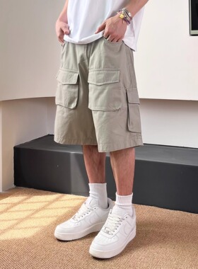 SWAG美式潮牌复古水洗做旧多口袋直筒工装牛仔短裤日系五分裤夏季