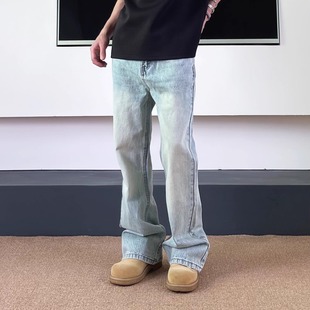 男水洗浅色波纹冰川蓝长裤 型微喇cleanfit牛仔裤 子 版 SWAG巴家同款