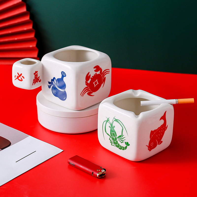 逢赌必赢骰子烟灰缸陶瓷创意个性家用客厅潮流办公鱼虾蟹烟缸摆件