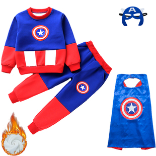 男万圣节人物美国衣服童话角色扮演儿童服装队长披风秋冬加绒套装