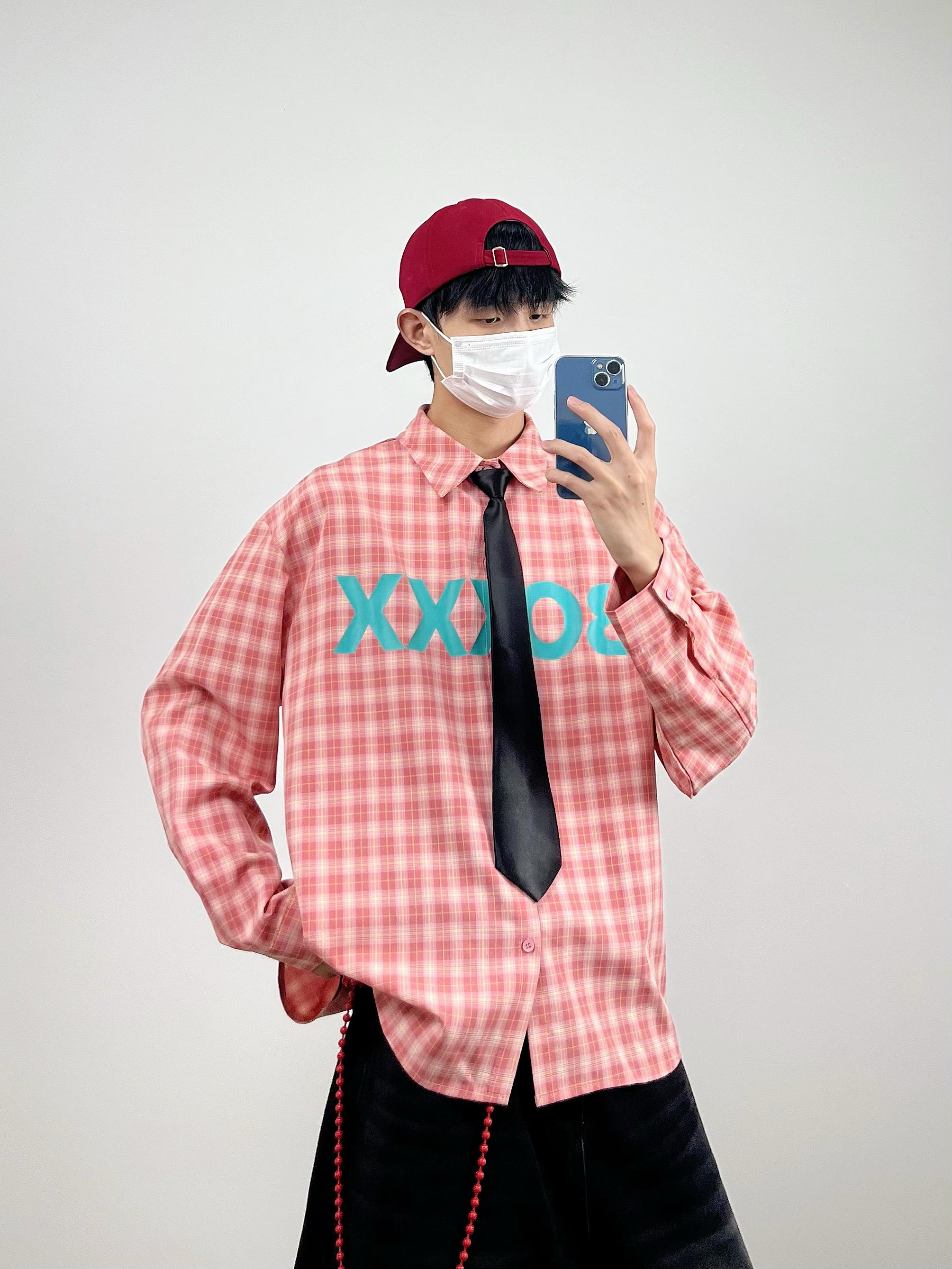 粉色宽松休闲格子长袖衬衫情侣