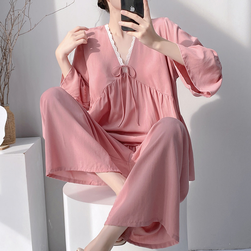 2026新款睡衣女套装夏季薄款中长袖长裤带胸垫棉绸妈妈家居服