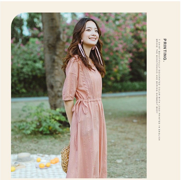 茵蔓夏装新款小清新收腰显瘦宽松五分袖A字连衣裙女因曼特价清仓