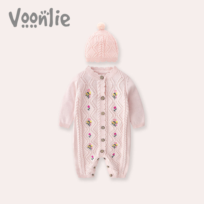 凡猎新生婴儿衣服女宝宝针织连体衣秋冬套装满月百天外出哈衣爬服