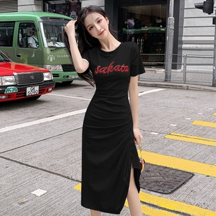显瘦收腰中长款 夏季 不规则开叉裙子 气质小众皱褶连衣裙女短袖 修身