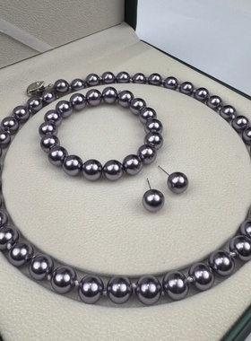 10-11mm蓝莓紫元宝扣珍珠项链赠手链耳钉TZB603