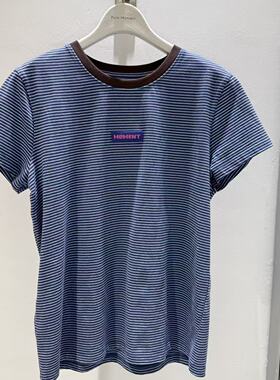 MM麦麦同款26春款带披肩条纹T恤纯棉撞色美式复古短袖女4H3101321