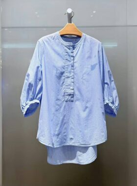 柜子同款2026夏季新款女士宽松七分袖蓝色条纹圆领衬衫5G5221441