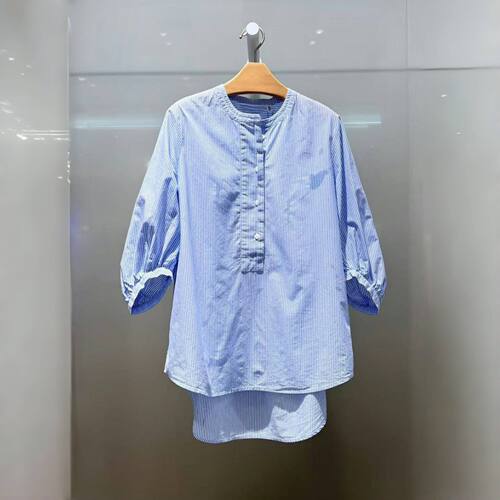 柜子同款2026夏季新款女士宽松七分袖蓝色条纹圆领衬衫5G5221441