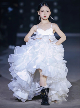 声乐艺考成人礼女童礼服高端气质白色欧根纱大裙摆吊带裙生日宴会