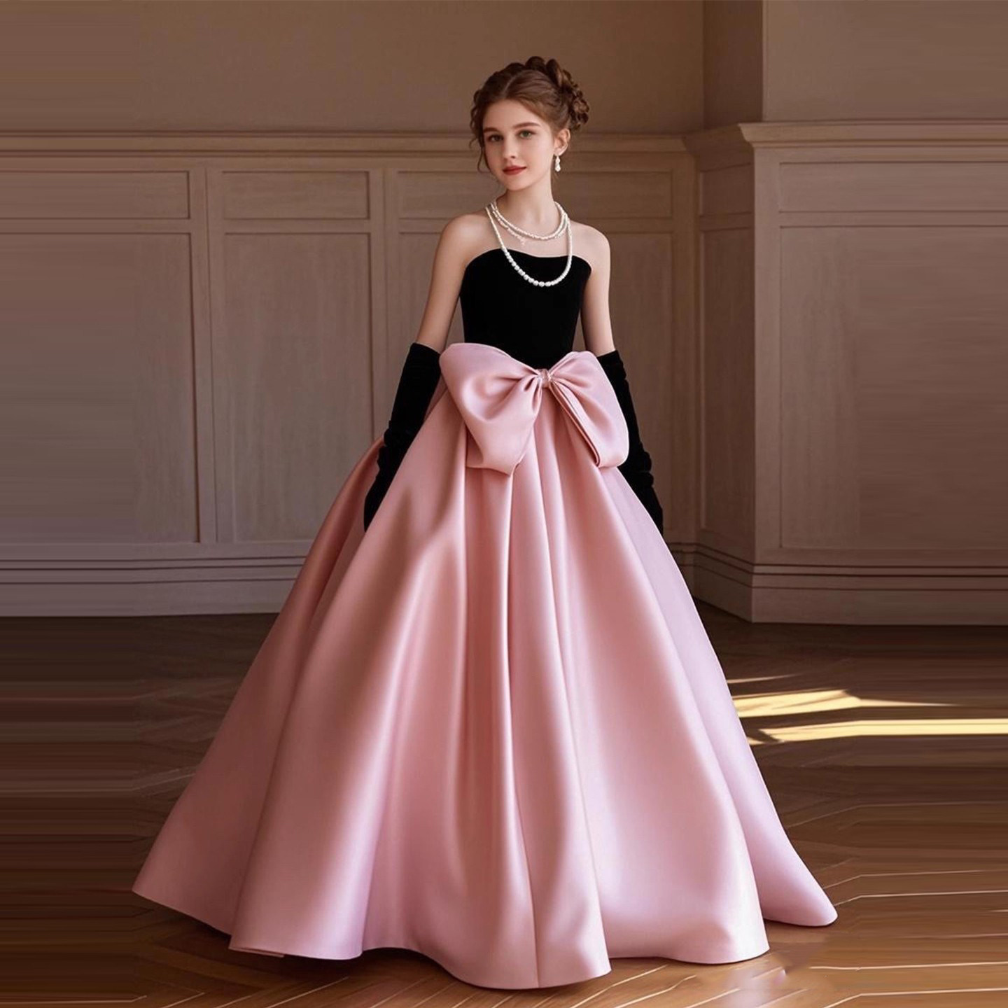 女童礼服高级感法式抹胸粉色大裙摆公主裙主持人模特走秀钢琴演奏